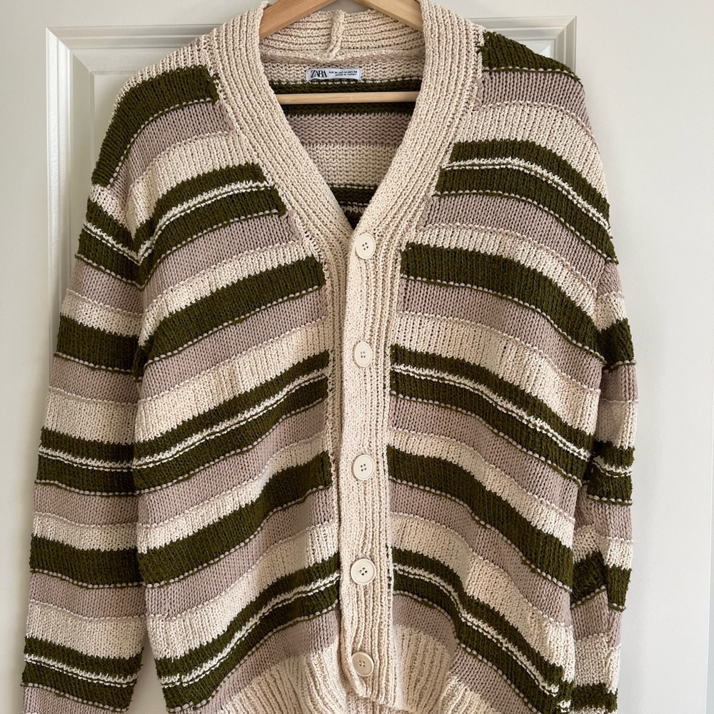 Zara Knit Cardigan with Olive and Cream Stripes